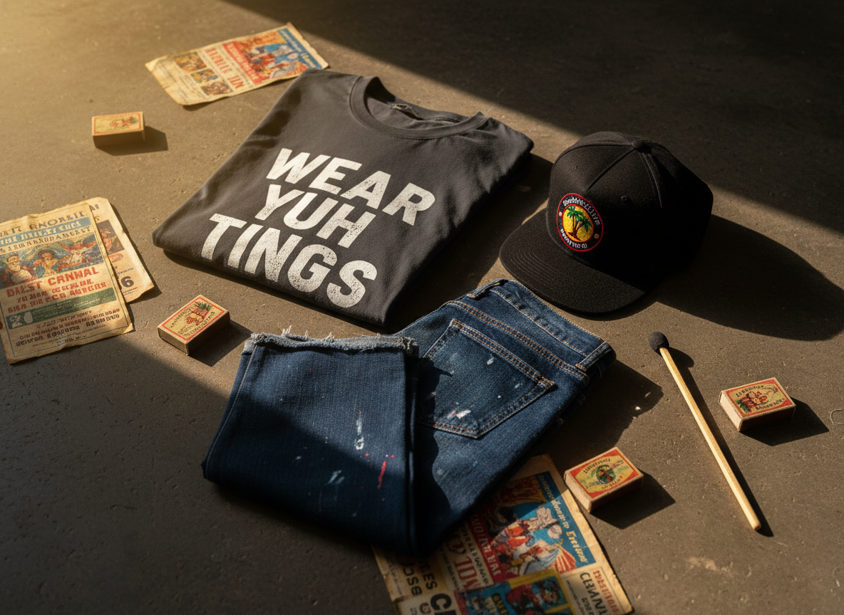 A meticulously folded Caribbean streetwear outfit arranged on a weathered concrete floor: a bold graphic T‑shirt reading “Wear Yuh Tings” in distressed block lettering, paired with deep indigo denim featuring subtle paint splatters and raw hems, next to a flat‑brim cap embroidered with “SagaboyCulture” in vibrant red, yellow, and green. Around the clothing lie scattered vintage Trinidad matchboxes, faded Carnival flyers, and a steelpan drumstick. Warm golden-hour light enters from the left, casting long dramatic shadows and highlighting fabric textures. Shot from a slightly elevated, overhead angle with shallow depth of field, the focus is crisp on the slogan while the edges blur softly. The photographic realism and saturated colors create a bold, defiant atmosphere suited for a brand homepage hero image.