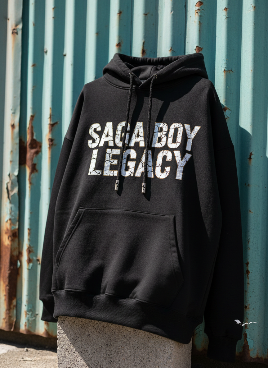 A close-up, photographic realism shot of a black cotton streetwear hoodie draped over a rough cement block, its chest emblazoned with the words “Saga Boy Legacy” in cracked white ink and subtle metallic gold outline. The hoodie’s drawstrings rest loosely, tips capped in brushed metal engraved with tiny Caribbean island silhouettes. Behind it, a corrugated zinc fence painted in peeling turquoise and rust forms a textured backdrop. Harsh midday sunlight filters through imaginary gaps, producing sharp, angular shadows and bright highlights on the fabric folds. The composition uses rule of thirds, with the hoodie slightly off-center and the background falling into a soft bokeh. The mood is bold and gritty, evoking resistance and street pride while keeping the focus firmly on the garment’s details and message.