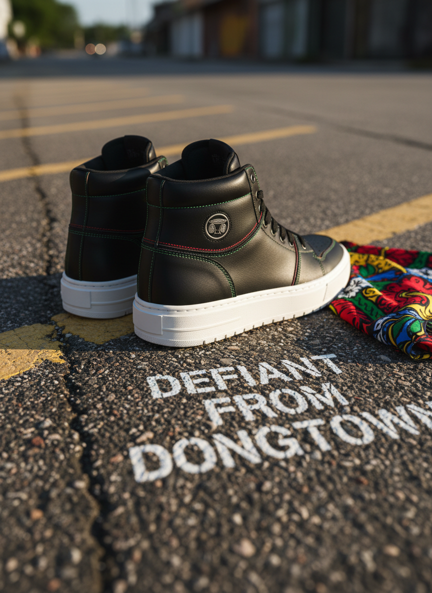 A pair of high-top streetwear sneakers in matte black leather with thick white soles, subtle red and green accent stitching, and a tiny embossed steelpan icon on the heel, placed on a cracked asphalt surface painted with faded yellow road lines. Next to the shoes lies a folded bandana in bold calypso patterns and a spray-painted stencil on the ground reading “DEFIANT FROM DONGTOWN” in rough, white letters. Low-angle, late-afternoon sunlight grazes across the asphalt, emphasizing its gritty texture and creating a halo of light along the sneaker edges. Captured from a very low, side-on perspective, the front shoe is in razor-sharp focus while the background fades into a soft, colorful blur. The photographic image feels dynamic and rebellious, embodying movement, presence, and urban Caribbean energy.