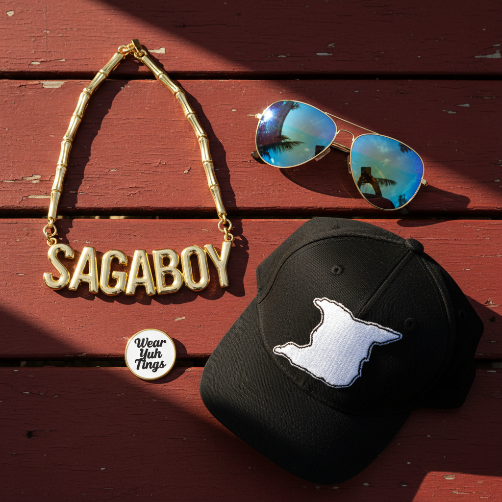 A vibrant flat-lay of Caribbean streetwear accessories arranged on a chipped red wooden table: a heavy gold-plated bamboo chain spelling out “SAGABOY” in chunky letters, a pair of mirrored sunglasses with iridescent lenses reflecting abstract hints of palm trees, and a well-worn snapback hat featuring a stitched Trinidad map outline in white thread on matte black fabric. Beside them sits a small enamel badge reading “Wear Yuh Tings” in bold script. Diffused afternoon light from an unseen window bathes the scene, creating soft highlights on metal surfaces and gentle shadows beneath each object. Shot from directly above with sharp focus throughout, the composition feels organized yet raw. The vivid, photographic realism and saturated reds, golds, and blacks convey a confident, unapologetic Caribbean street culture aesthetic.